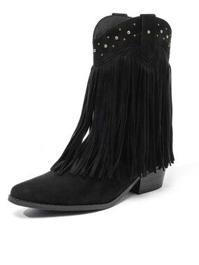 Women's Black Tassels Western Cowboy Boots Cowgirl Mid Calf Boots Pull On